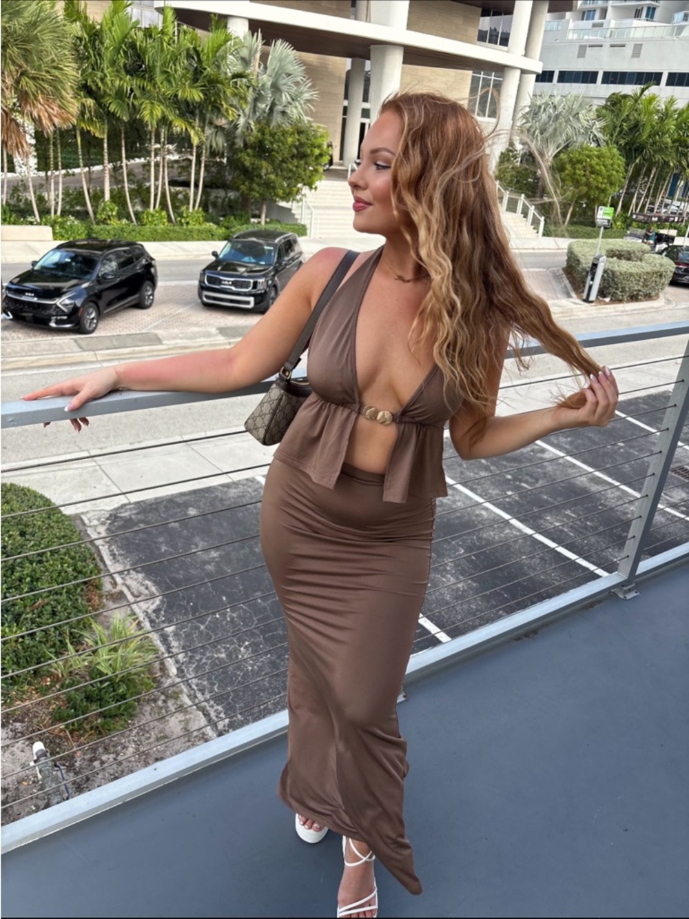 Brown Two-Piece Maxi Dress with Ring Detail